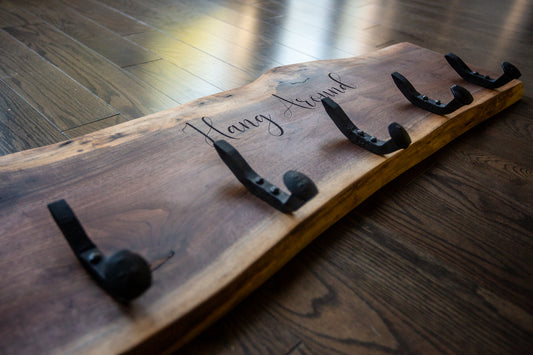 Live Edge Custom Coat Rack with Hand-Forged Railway Spike Hooks